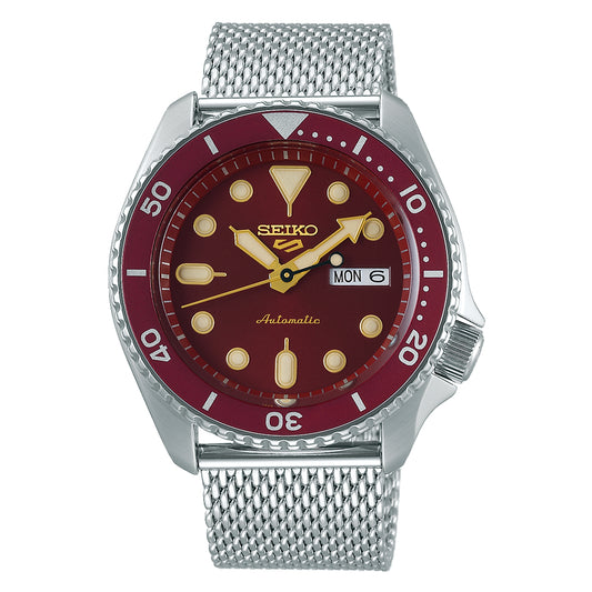 Seiko 5 Sports Suits Style Red Dial Silver Milanese Strap Men Watch SRPD69K1